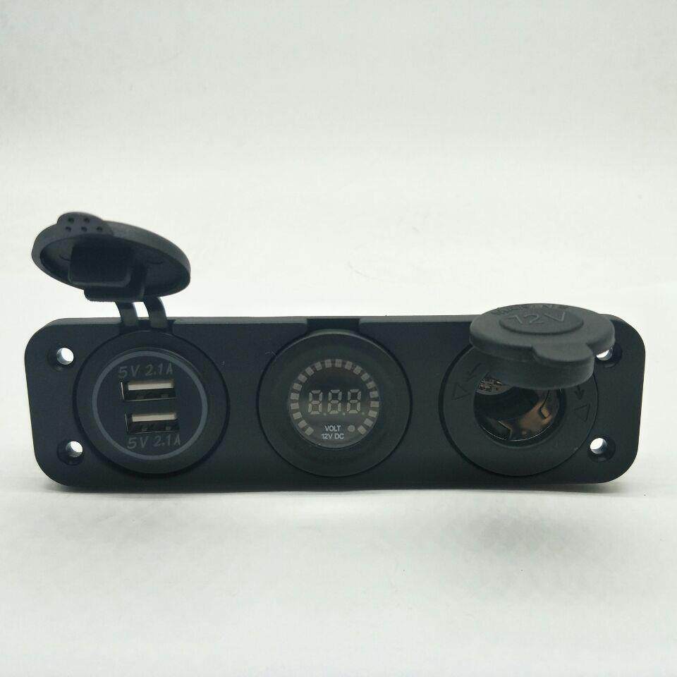 新款汽车点烟器DS3孔+12V母座+电压显示表+双USB充电母座