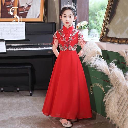 正品中式女孩古筝表演舞服服装古典儿童合唱礼表演装女孩主持人t