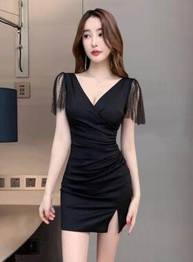 夜总会KTV性感洋装女深V礼服SPA足浴按摩技师工作服包臀裙夜场
