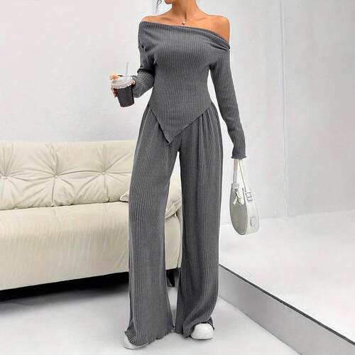 Women's Solid Off Shoulder Asymmetrical Tee & Elastic Waist