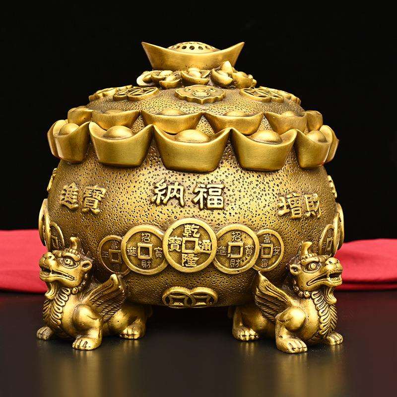 纯铜聚宝盆摆件开盖怪兽聚宝盆元宝铜钱存钱罐家居装饰工艺品摆设