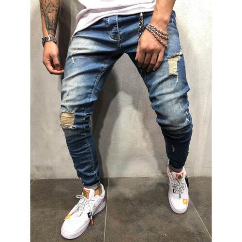 s Destroyed Frayed Print Embroidery Slim Fit Denim Pant Jean