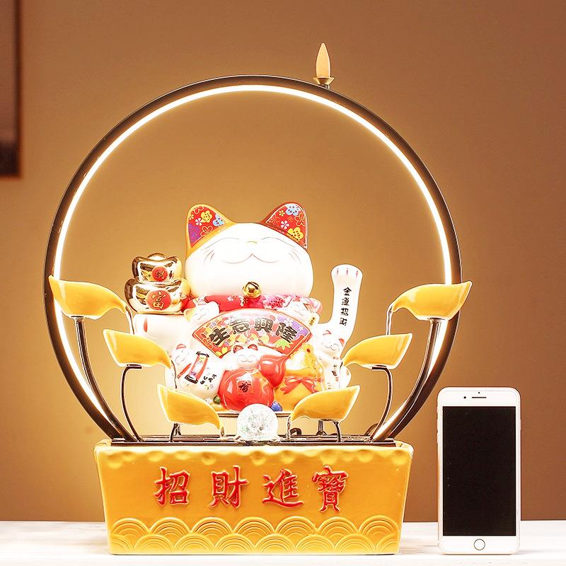 猫摇手流水生财摆件陶瓷家居前台开业礼装饰插电动发光幸运猫