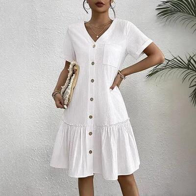 Single women's dress pocket dress ruffle hem short
