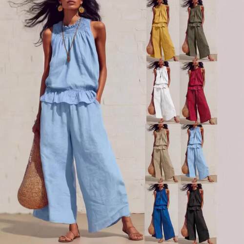 Lotus leaf edge cotton and linen two-piece set