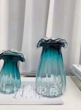 高端湖水蓝琉璃花瓶 轻奢高级感侘寂风玻璃艺术抽象花器摆件