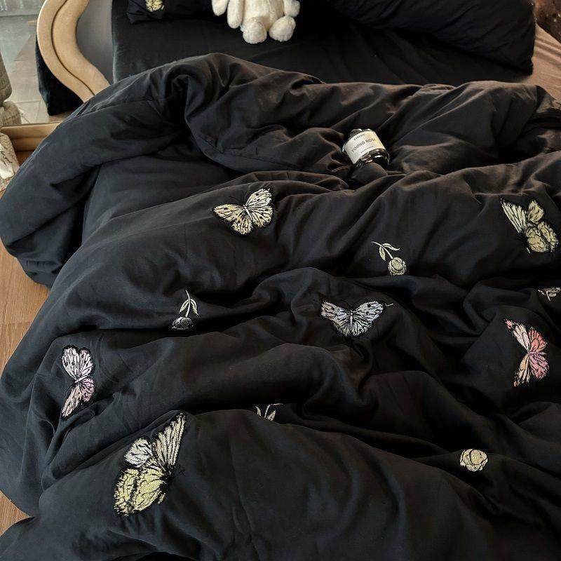 感黑寓色蝴蝶刺被绣套软糯水洗时棉床上四件套简约公床单三件UFC
