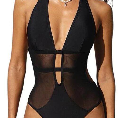 Hourglass Sculpting Mesh One-Piece Swimsuit Deep V Neck