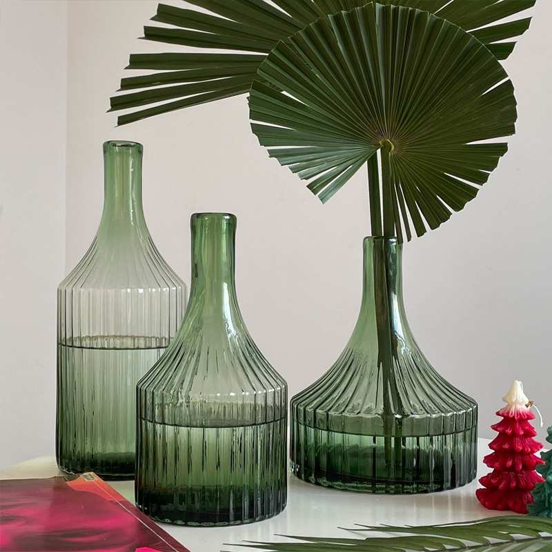 薄利批发 美式绿色竖纹玻璃花瓶 北欧家居饰品客厅  可