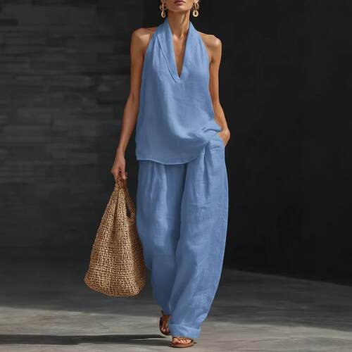 Hanging neck V-neck backless top, cool and slimming, wide