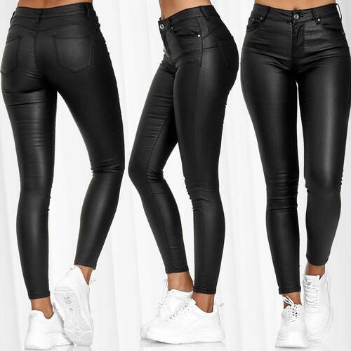 Women's High Waist Button PU Leather Skinny Fit Jeans