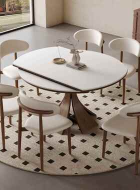 现代简约中古伸风木岩板NVI实型餐桌椅组合家用方圆小户客厅可缩