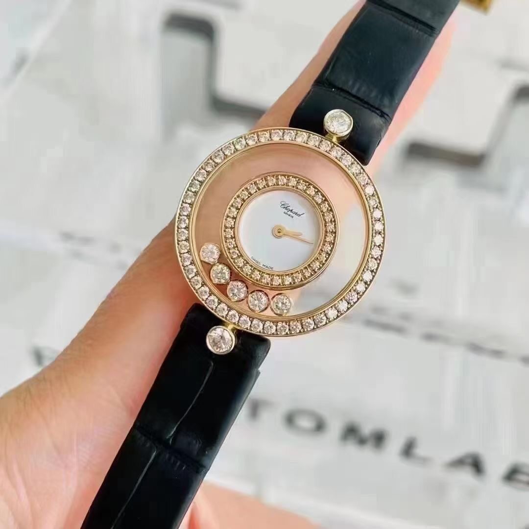 公价10.4万【3折即刻拍】98新萧邦快乐钻石英黄金女表正品203957
