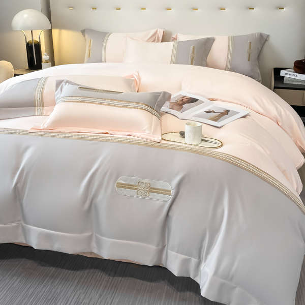 现代简约天丝刺绣四件套夏季冰丝床单被套轻奢高级感拼色床品套件