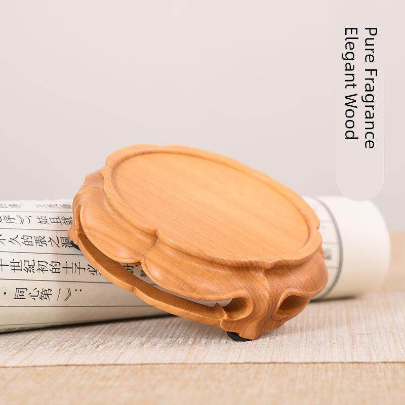 木小叶黄杨雕刻圆形座实木紫LQT砂茶托壶底盆景古董木雕花道摆件