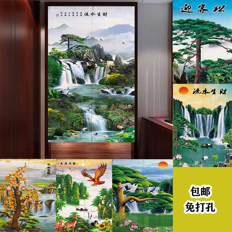 中式流水生财山水画布艺门帘客厅玄关家用迎客松装饰帘化妆室半帘