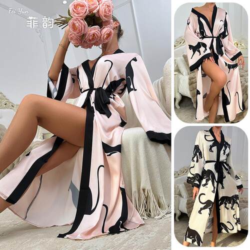 Women's long printed bathrobe, sleeping robe, long sleeved