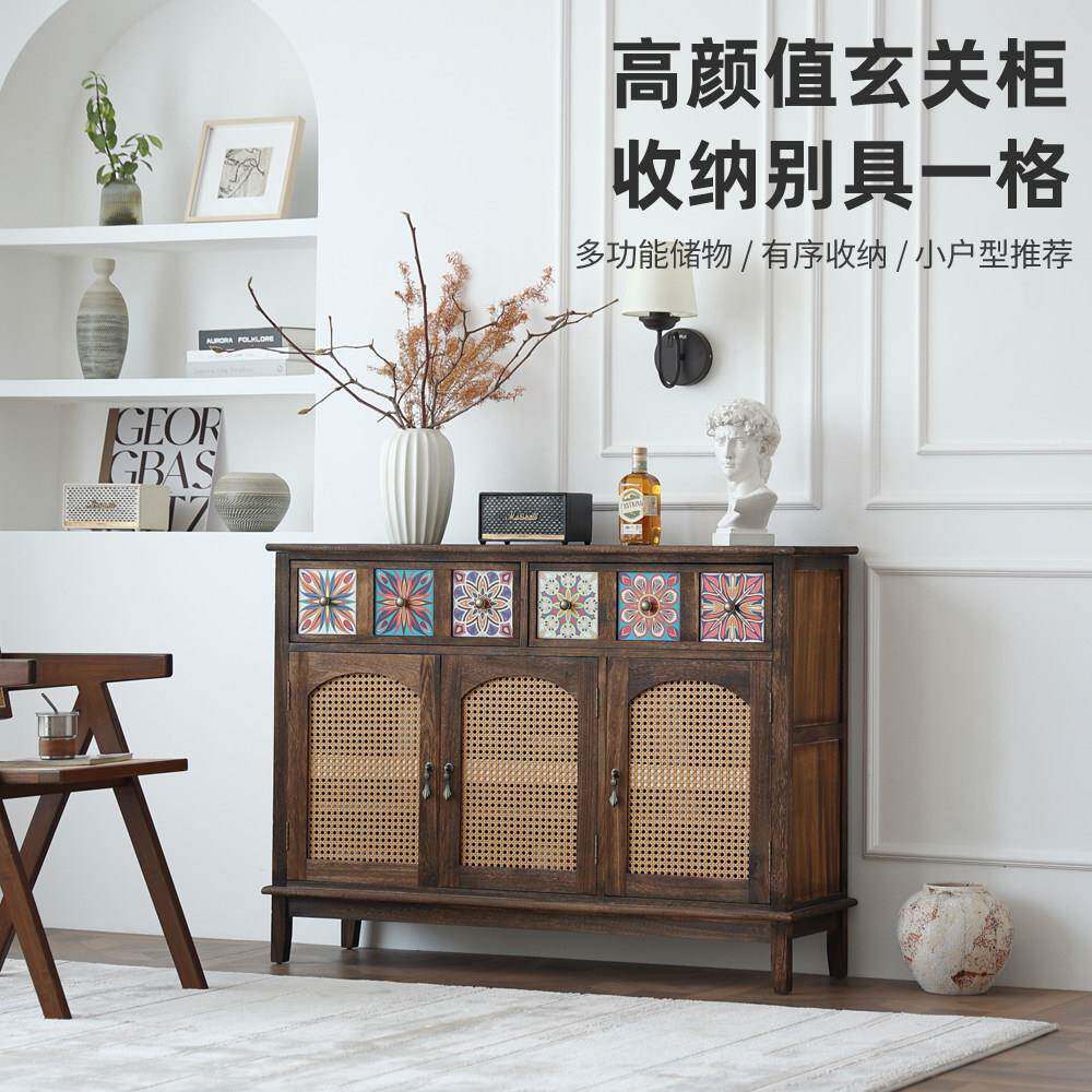 实木餐边柜藤编斗柜客厅一体靠墙覆古收纳柜彩绘玄关储物柜茶水柜