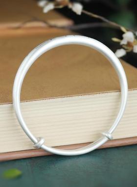 高档木槿花 送银手镯女镯999纯银实心复古哑光足子年轻款女银友礼