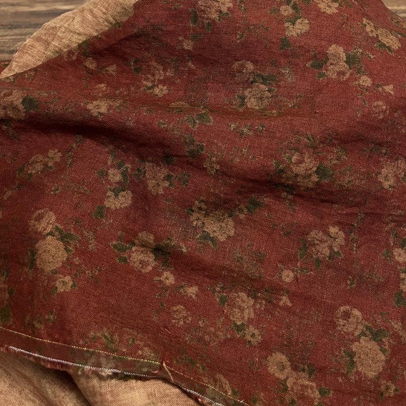 布久以逅纯亚麻印花布连衣裙袍子衬衫服装面料砂洗工艺面料 朝歌