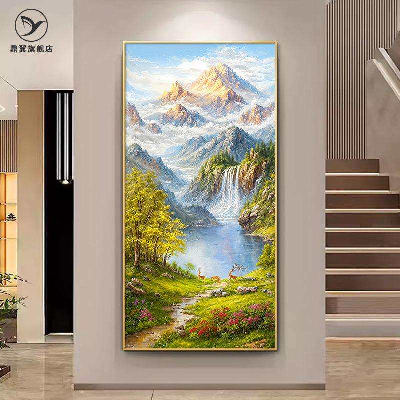 入户玄关装饰画正对门走廊过道挂画轻奢高级感风景油画竖版山水画