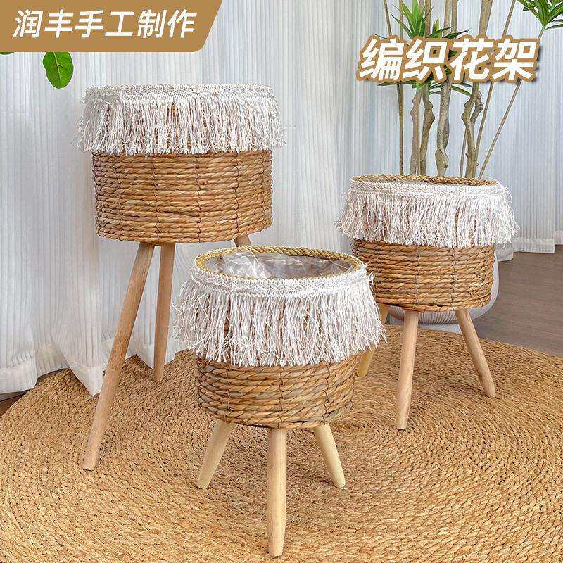 手工编织花架置物架客厅落地简约低藤编绿萝吊篮三角架编织花架