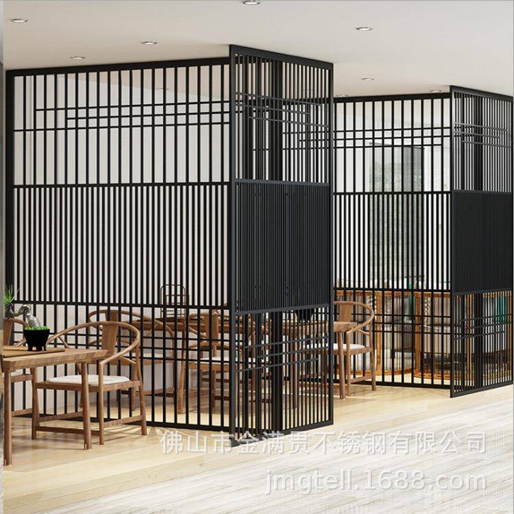 制作 新中式不锈钢屏风隔断 黑钛钛金家居别墅金属镂空花格隔断墙