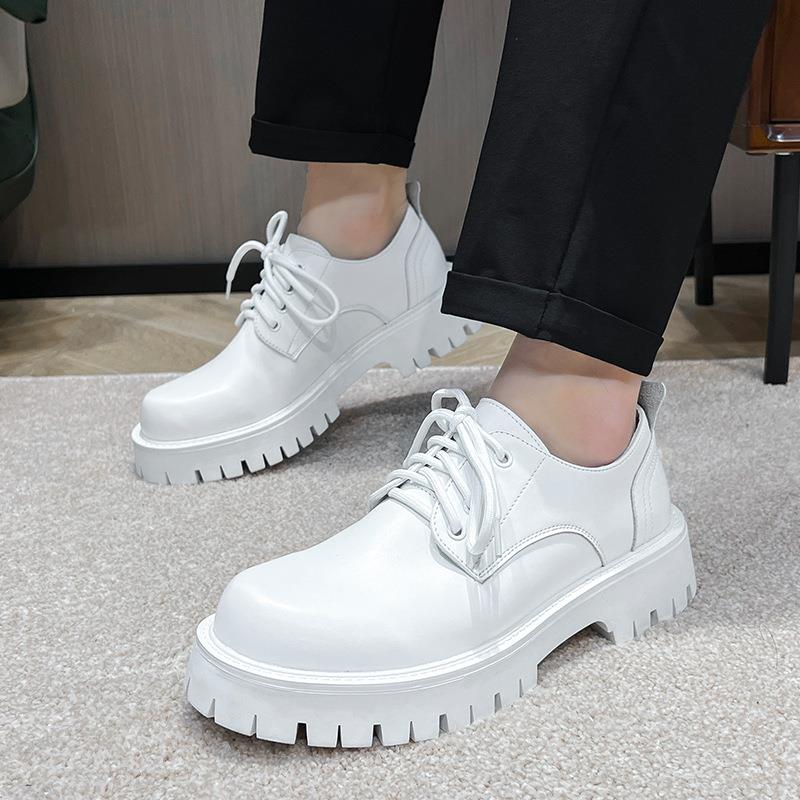 Houston Shoes!白色皮鞋男厚底增高复古大尺码商务正装圆头休闲