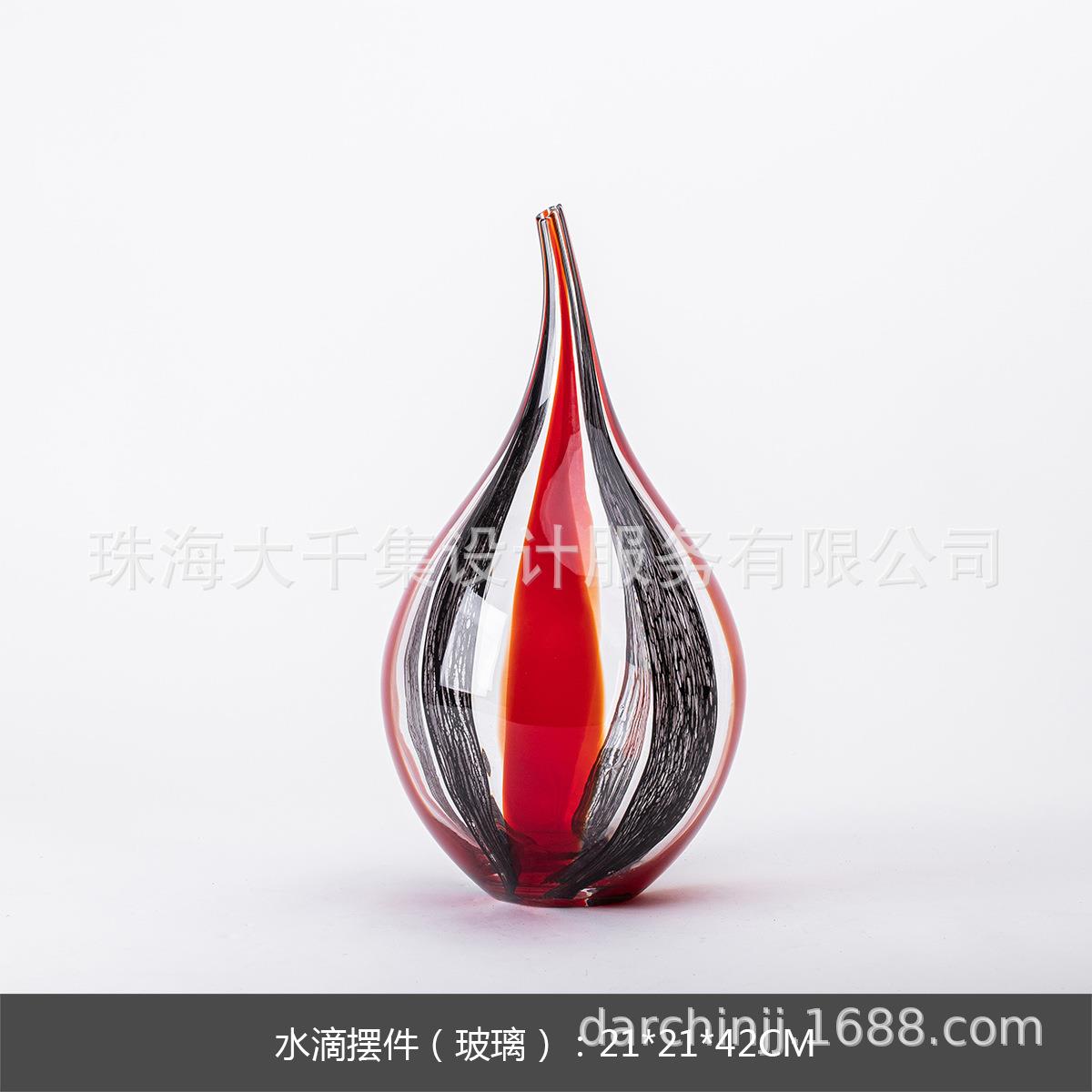 现代风百搭彩色直筒红黑条纹纯手工玻璃花瓶插花器家居软装摆件