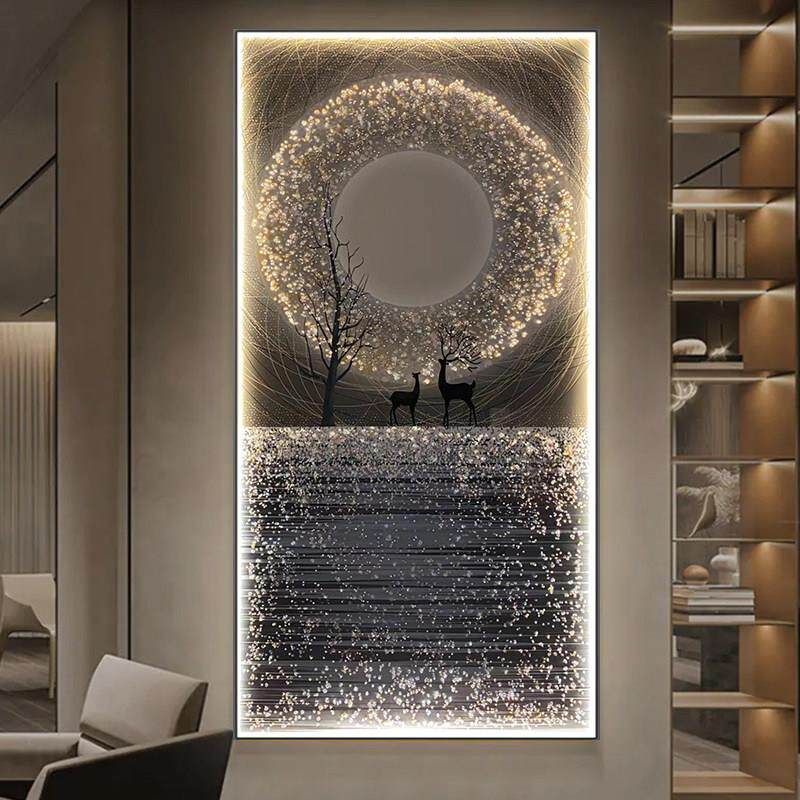 LED灯麋鹿轻奢玄关装饰画 画高档现代简约晶瓷镶钻挂画 画走廊过