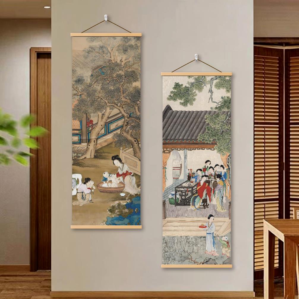 古典仕女画客厅挂布覆古风布置长条油画布挂轴中式风格装饰背景布
