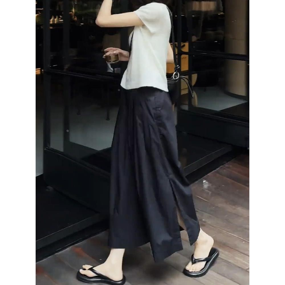 黑色压褶松紧腰宽松百搭裤裙女夏欧货开 叉高腰显瘦八分裤阔休闲