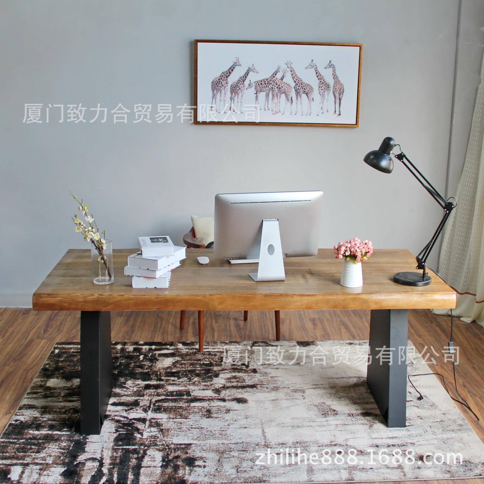 长美式复古实木办公子桌人个性书桌桌创ZZ37意休闲私会议桌设计师