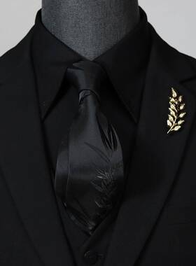 黑色领带男士刺绣花纹新中式正装商务衬衫西装高档新郎结婚1002r