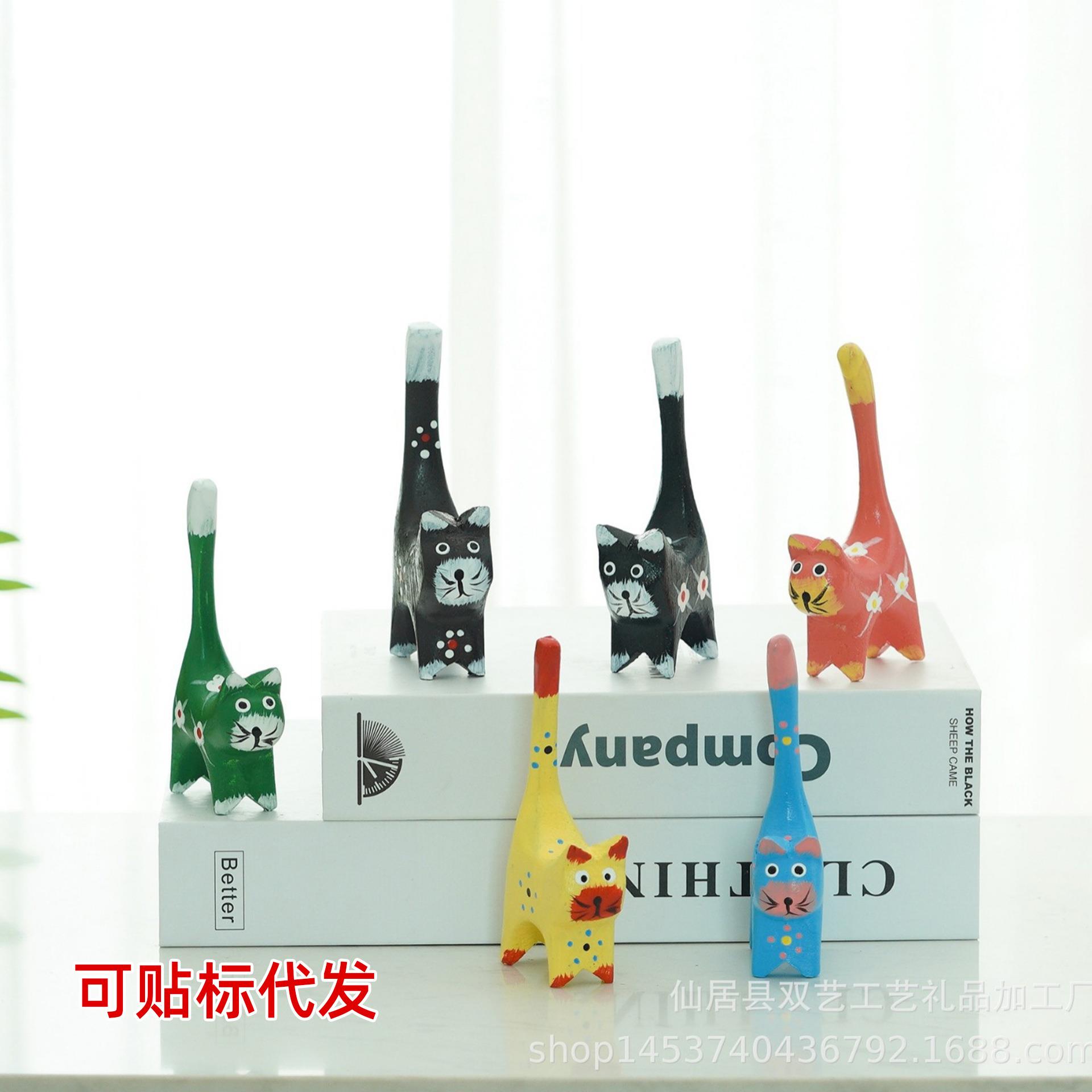 地中海风格纯手工木质磨削小猫6件套精品家居摆件创意彩绘礼品