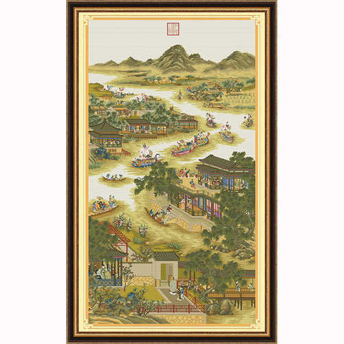 满绣版雍正十二月十字绣白布古娟布新款客厅山水风景画中国风名画