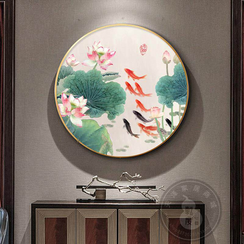 新中式莲花荷花九鱼图圆形画 画9尾鲤鱼入户玄关装饰画 画客厅晶