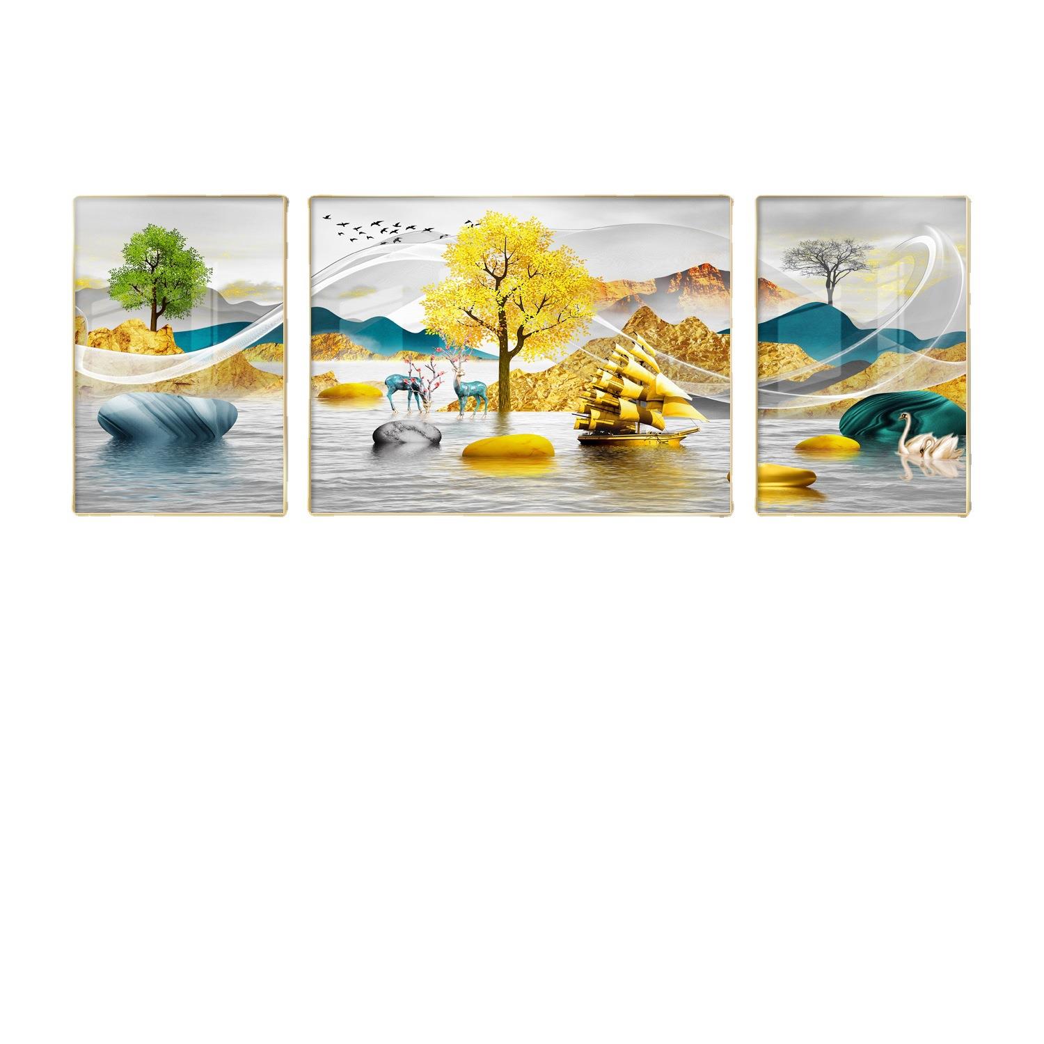 客厅装饰画现代简约沙发背景墙挂画轻奢北欧三联有框晶瓷画镶钻画