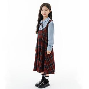 2026新款女童格子连衣裙假两件英伦学院风公主裙春秋长袖衬衫裙子