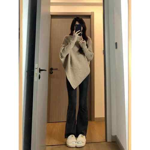 上衣不规则秋冬女性高领针织衫宽松百搭小众慵懒风格1004d