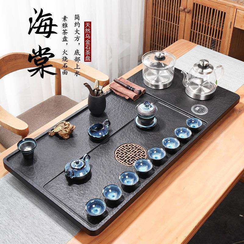 整块乌金石茶盘套装全自动上水茶台烧水壶一体电磁炉家用茶海刻字