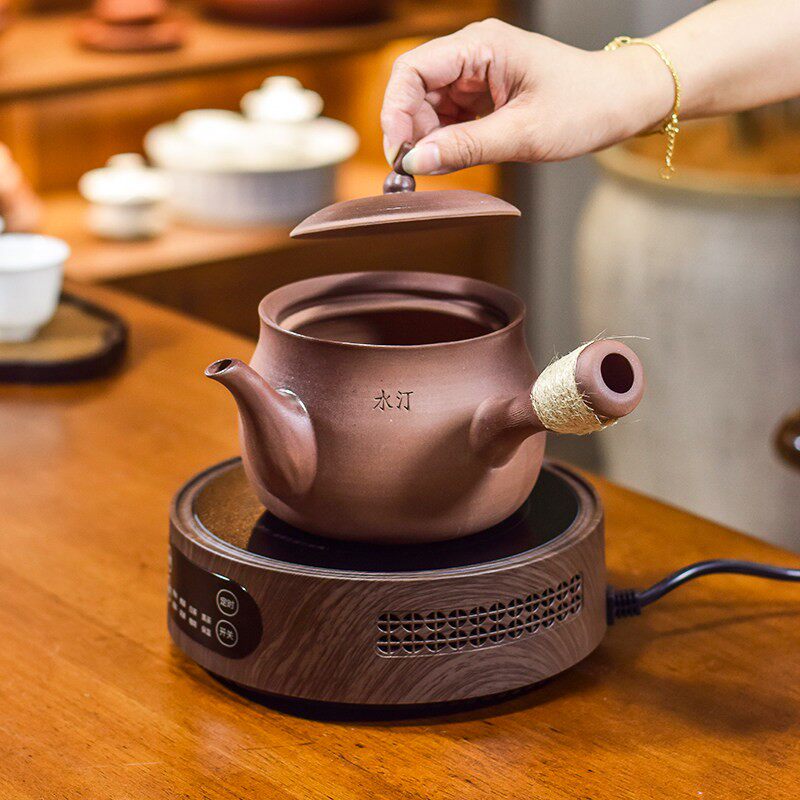 老岩泥砂铫煮茶壶古陶坊复古粗陶纯手拉藤编提梁侧把大口径煮茶器