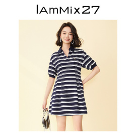 IAmMIX27法式POLO领连衣裙女青春减龄撞色条纹压褶高腰A字裙女短