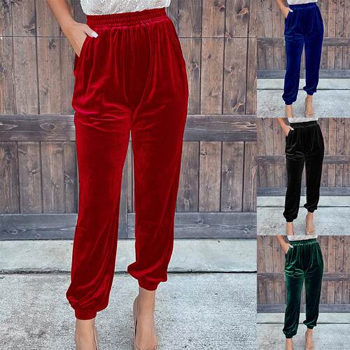 Autumn fleece leg pants with mid waist elastic straight