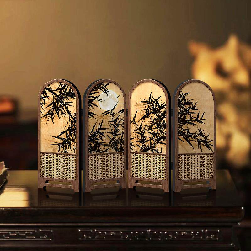 中古风桌面装饰摆件电视柜斗柜屏风摆台画墨竹图创意可折叠小摆画