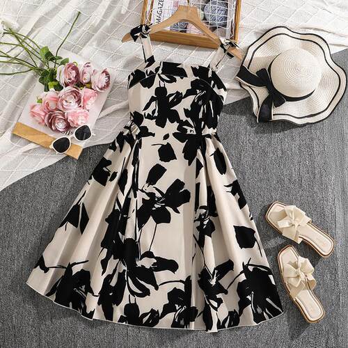 Girls' floral printed high waisted camisole dress