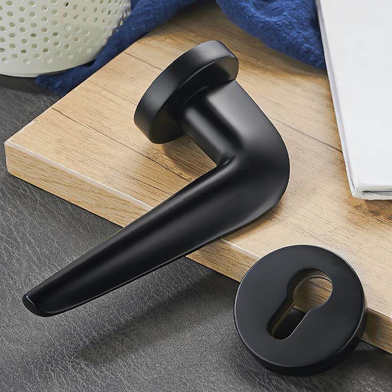 黑色简约卧室门锁全铜静音分体锁拉手现代卫生间门把手房门锁