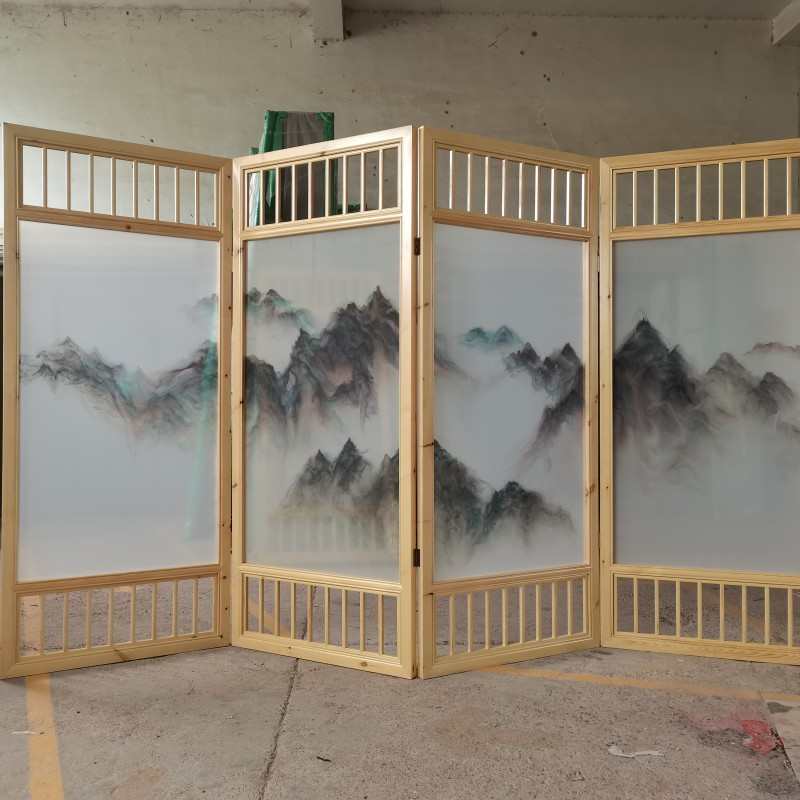 厂家直供新中式实木办公司客厅玄关酒店餐厅折叠移动纱画屏风隔断