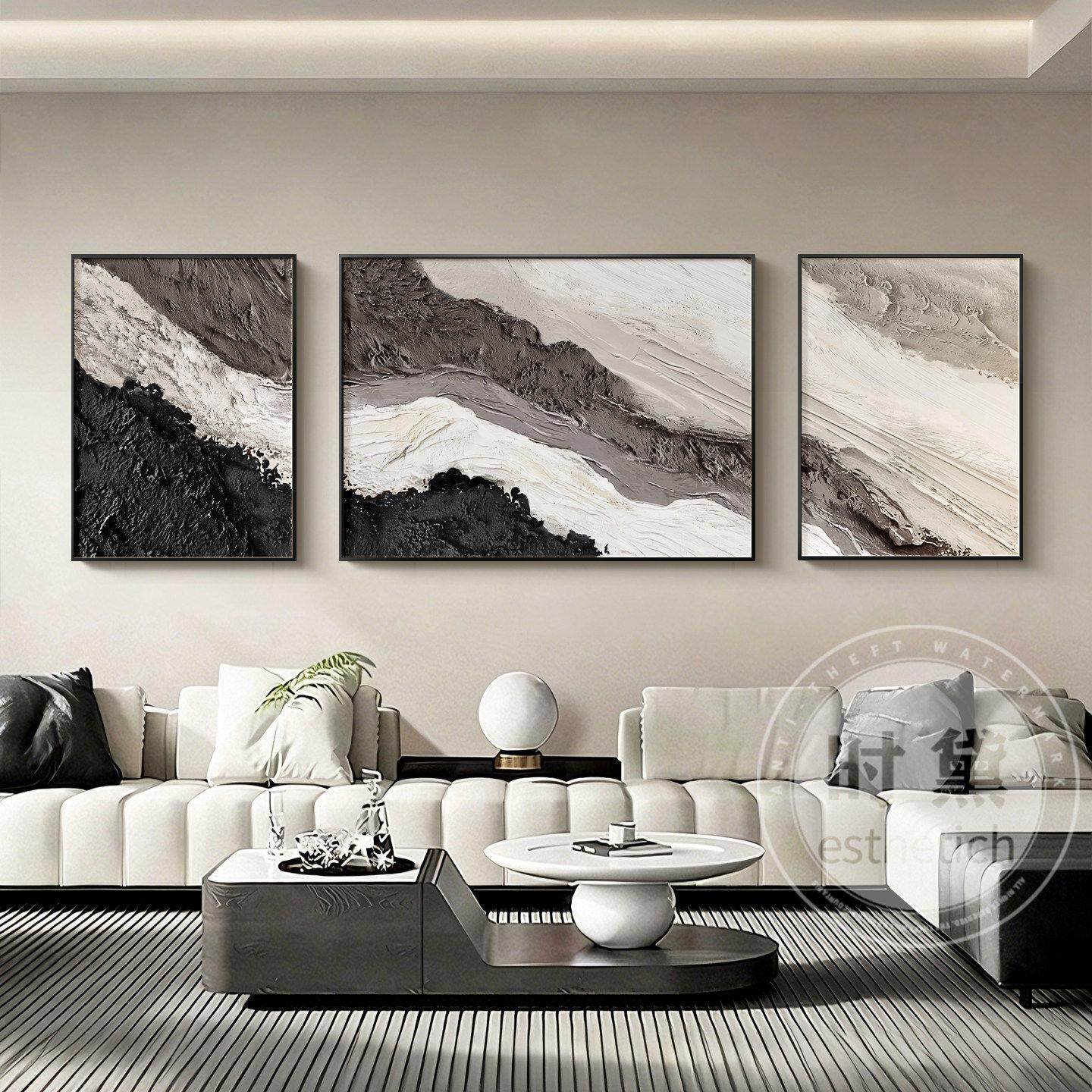 现代简约客厅装饰画高级感三联组合壁画抽象黑白灰沙发背景墙挂画