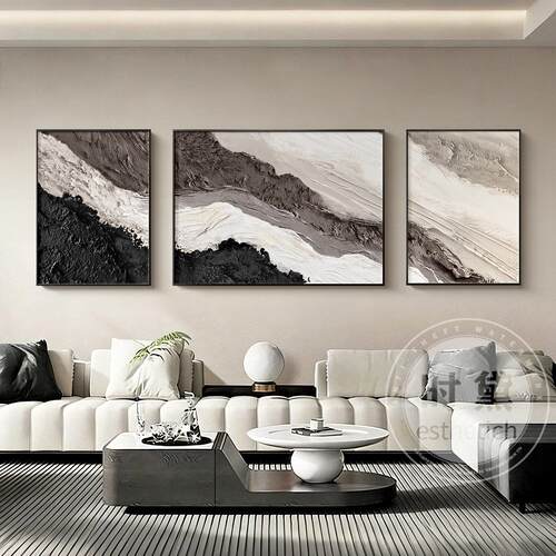 现代简约客厅装饰画高级感三联组合壁画抽象黑白灰沙发背景墙挂画